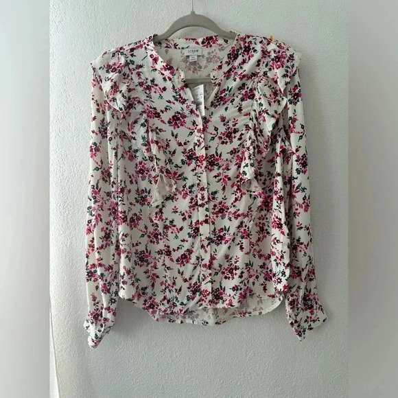 J Crew chic feminine long sleeve floral ruffle top size XS button front - Picture 12 of 16